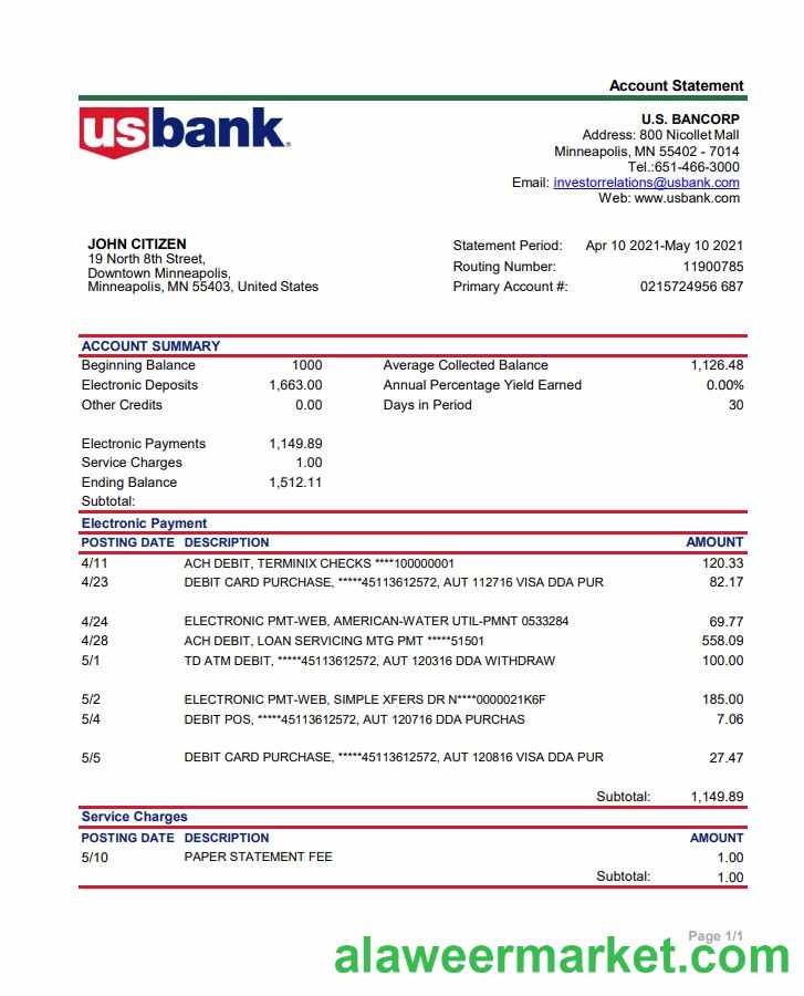 USA Bancorp bank statement easy to fill template in .xls and .pdf file format
